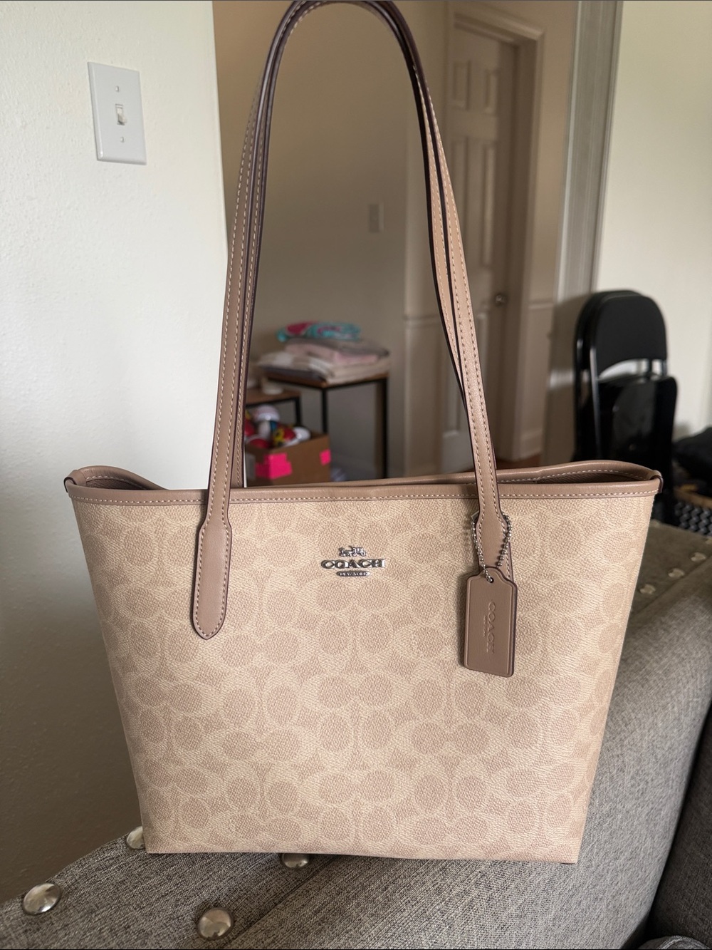 Coach Medium City Signature Tote with Leather Trim